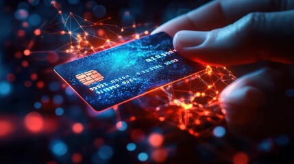 Close-up of a hand holding a glowing credit card with digital network connections and data visualization in a futuristic blue and red light environment