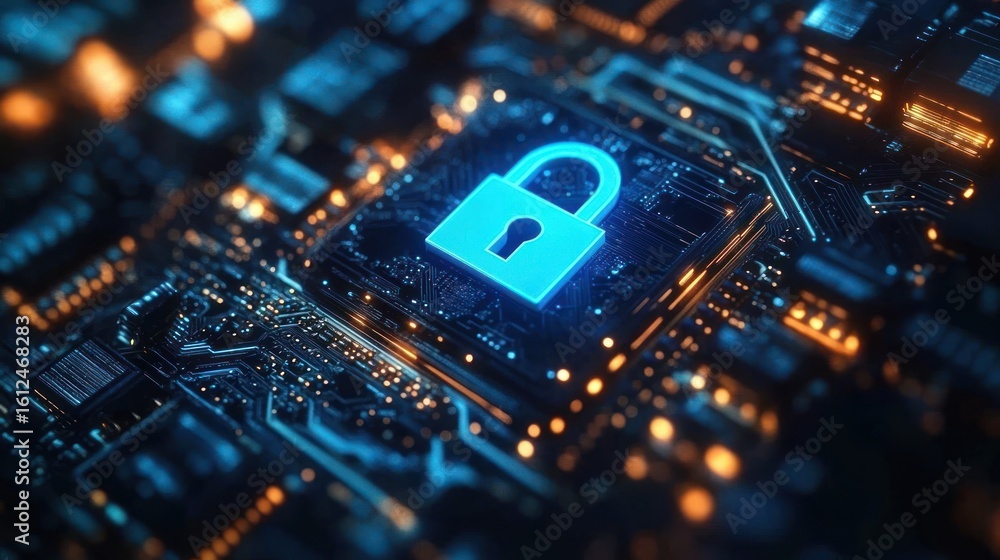 Poster glowing blue digital lock symbol on a complex circuit board highlighting cybersecurity and data prot
