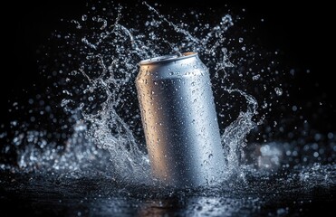 Silver beverage can splashing into water with droplets scattered around on a dark background, conveying refreshment and coolness