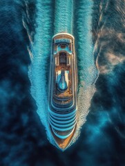 A large white cruise ship sailing through the deep blue ocean creating waves on both sides during a sunny day