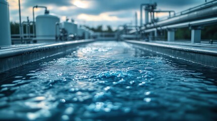 Close-up view of clear blue water flowing through industrial metal pipes at a water treatment or processing facility under a cloudy sky with soft natural light