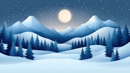 Serene winter night landscape with snow-covered hills, pine trees, tall mountains under a starry sky illuminated by a full moon