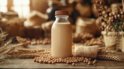 Glass bottle filled with creamy soy milk surrounded by scattered soybeans, wheat stalks, rustic burlap sack, and blurred warm-toned background creating a cozy natural atmosphere