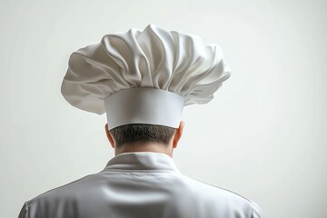 rear view of a chef wearing a large white chef hat and white chef coat against a plain light background