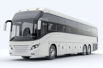 Modern white luxury coach bus with large tinted windows and multiple axles parked in a bright clean environment