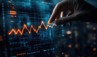 Hand interacting with a glowing orange digital line graph on a futuristic blue and black data interface, representing data analysis and technology