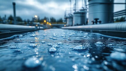 Close-up view of water bubbles on a surface of flowing water with industrial tanks and pipes in the blurred background under cloudy sky