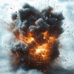 Massive fiery explosion with thick dark smoke and flying debris against a cloudy sky