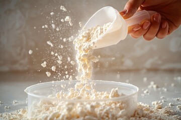 Hand holding transparent scoop pouring white powder into a container with powder scattered around creating dynamic motion
