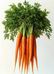 Fresh bunch of vibrant orange carrots with lush green leafy tops displayed against a plain white background, evoking freshness and natural health