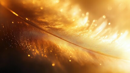 Close-up of a delicate golden feather illuminated with warm light and sparkling bokeh highlights creating a soft glowing effect