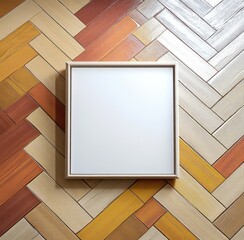 Empty square wooden frame placed on colorful herringbone patterned wooden floor with shades of brown, yellow, and beige, suggesting simplicity and potential creativity