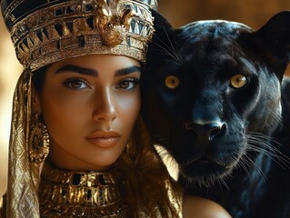 Close-up of a woman wearing an ornate gold headdress and jewelry standing beside a black panther with intense golden eyes, both facing forward with a calm and powerful expression