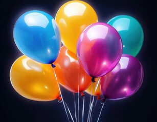 Shiny colorful balloons including blue, yellow, orange, magenta, and teal floating against a dark background, creating a lively and festive atmosphere