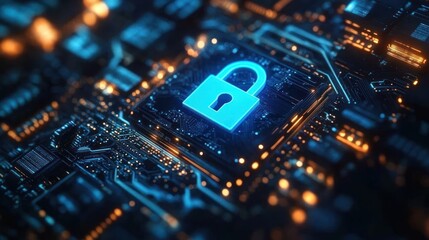 Glowing blue digital lock symbol on a complex circuit board highlighting cybersecurity and data protection in a high-tech electronic environment