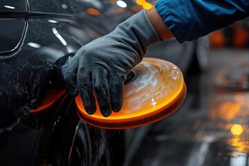 Close-up of hand in glove polishing black car surface with an orange rotary buffer in a workshop environment