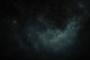 Dark starry night sky filled with scattered glowing golden specks and a dense misty cloud creating a mysterious cosmic atmosphere