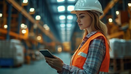 Focused young woman wearing safety helmet and orange reflective vest uses tablet inside large warehouse with industrial shelving and stacked pallets