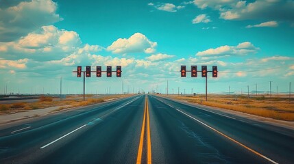 Empty multi-lane road stretching into the horizon with red traffic lights under a bright blue sky with scattered clouds in an open flat landscape