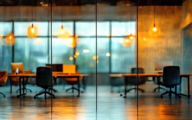 blurred view of modern office meeting room with glass walls, warm hanging lights, empty chairs, and desks, evoking calm and quiet ambiance