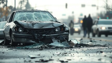 Severely damaged car with shattered windshield and crumpled front on debris-covered street during daytime accident with blurred traffic and people in background