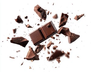 Close-up of broken dark chocolate pieces scattered on a white background capturing the moment of disintegration with fine crumbs and fragments floating mid-air