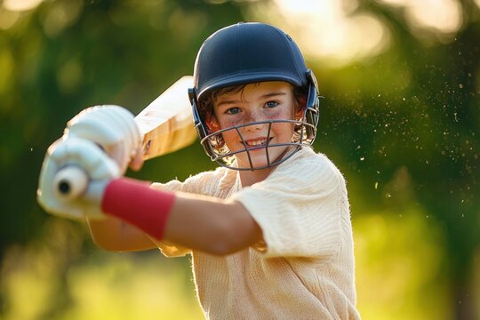 Smiling child ready to bat in cricket wearing protective helmet and gloves during sunny outdoor practice