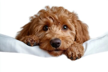 close-up of a fluffy brown dog resting its head and paws on a white surface with a gentle and curious expression