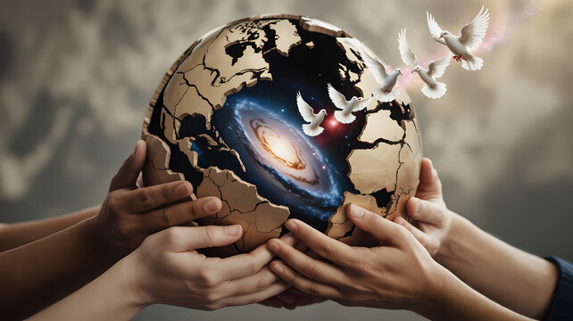 Hands holding fragile earth with galaxy inside as doves fly, symbolizing hope and environmental awareness - Powered by Adobe