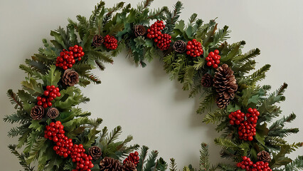 Festive evergreen wreath with red berries and pinecones