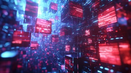 Abstract digital network of glowing red and blue cubes floating in a dark space, evoking a futuristic and high-tech atmosphere