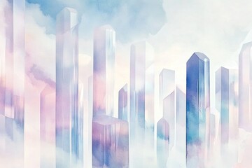 Surreal floating glass towers with iridescent reflections, futuristic cityscape with soft watercolor rendering, dreamy pastel sky. Ethereal and imaginative cityscape with translucent skyscrapers,