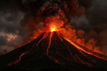 Spectacular volcanic eruption with molten lava flows and dramatic ash clouds creating apocalyptic landscape