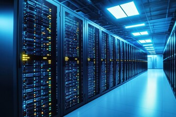 Long corridor of illuminated server racks with blinking lights inside a modern data center under bright ceiling lights