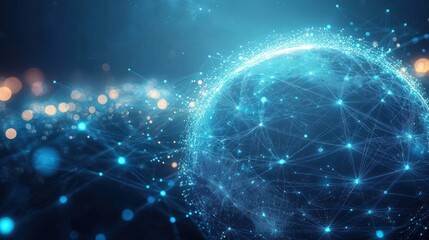 Glowing digital globe with interconnected nodes and network lines symbolizing global communication and data exchange in a futuristic blue space