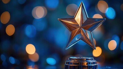 Shiny metallic star trophy on a pedestal with blurred warm and cool bokeh lights background evoking celebration and achievement