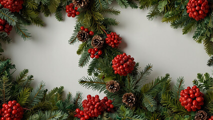 Festive christmas garland with red berries and pinecones