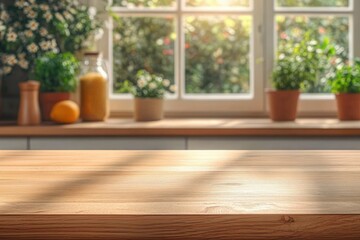 Sunlit wooden countertop with blurred potted plants and kitchen items near a bright window conveying a warm and peaceful morning atmosphere