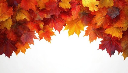 Bright autumn maple leaves in vibrant red, orange, and yellow hues overlapping at the top with a clean white background, evoking warmth and seasonal change