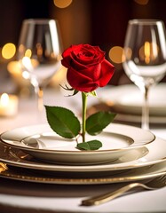 Elegant red rose on a dinner plate