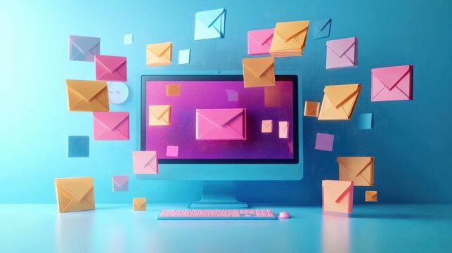 Colorful envelopes floating around a modern desktop computer with a pink keyboard and mouse on a blue surface, symbolizing digital communication and email exchange