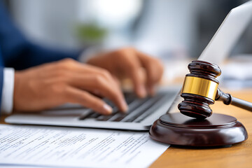 Legal Professional Working on Computer With Gavel and Documents on Desk During Business Hours in Office Setting