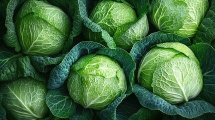 Fototapeta premium Close-up view of fresh green cabbages with textured leaves and natural patterns, showcasing healthy and vibrant vegetables