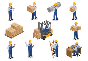 Isometric illustration showcasing a diverse set of warehouse workers engaged in various tasks like lifting boxes, operating a forklift, and climbing a ladder.
