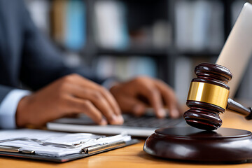 Legal Professional Reviewing Documents While Typing on a Laptop With a Gavel on the Desk in an Office Setting