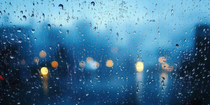 Raindrops on glass window with blurred city lights in the background creating a calm and rainy atmosphere - Powered by Adobe
