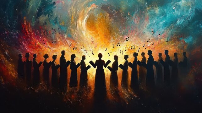 Silhouetted choir group singing in a fiery glowing atmosphere with swirling vibrant colors and musical notes floating above, evoking unity and passion