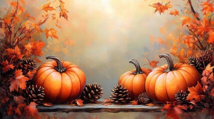 Three orange pumpkins surrounded by pine cones and autumn leaves on a rustic wooden surface with warm soft light in the background