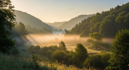 Green valley covered in soft morning mist, surrounded by gentle hills and trees