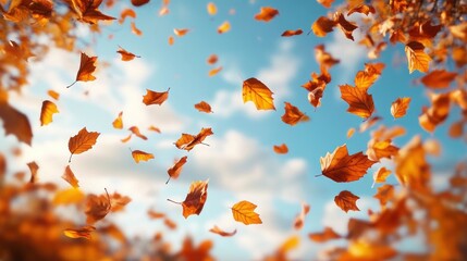 Golden autumn leaves gently falling against a bright blue sky with soft white clouds evoking a peaceful and serene seasonal transition